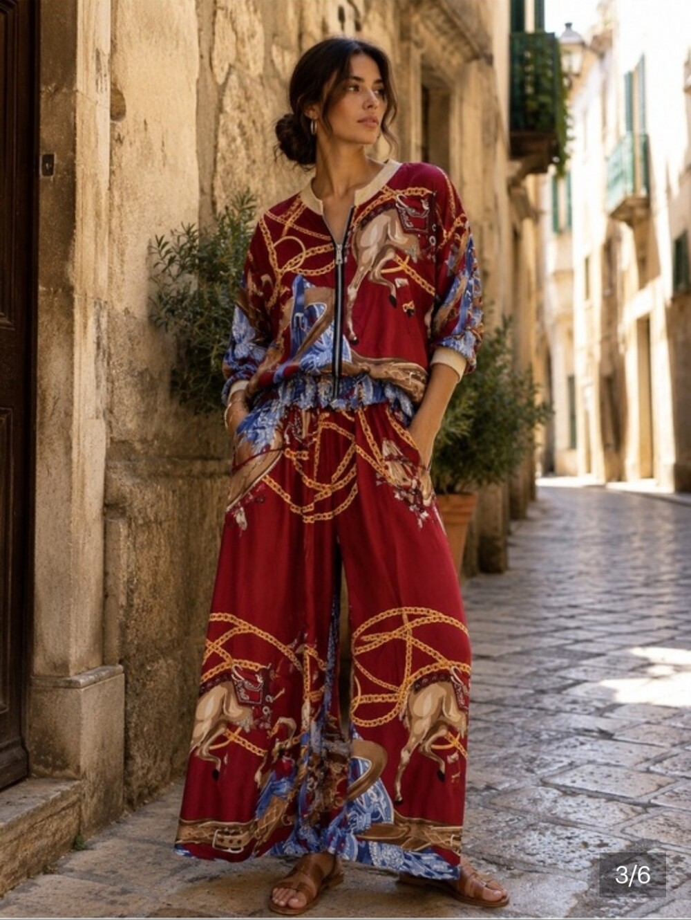 Made In Italy Horse Print Jacket With Pant Sets. Burgundy